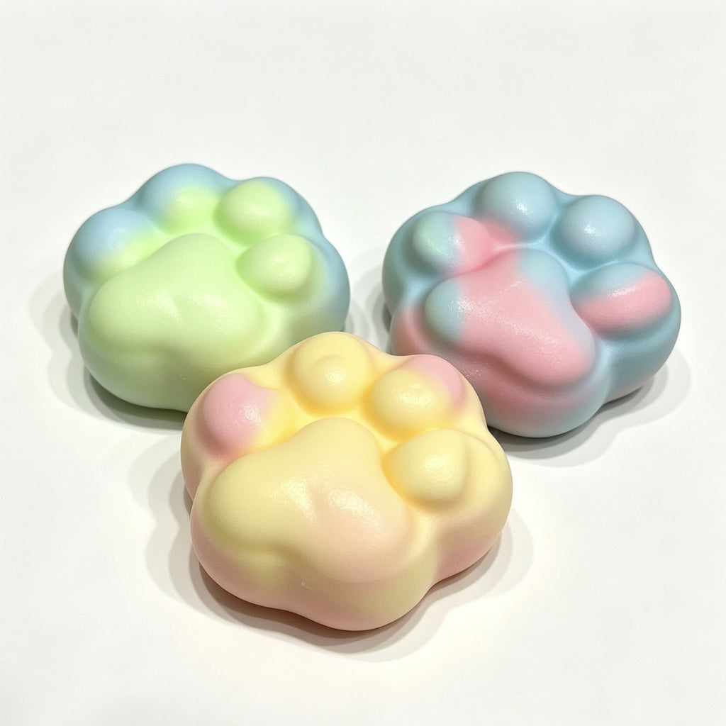 Pastel Paw Crunch — pastel paw-shaped crispy squishy, close-up view