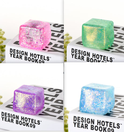 Glacier Dough Cube — pastel glitter dough cube with a slow rebound, side angle