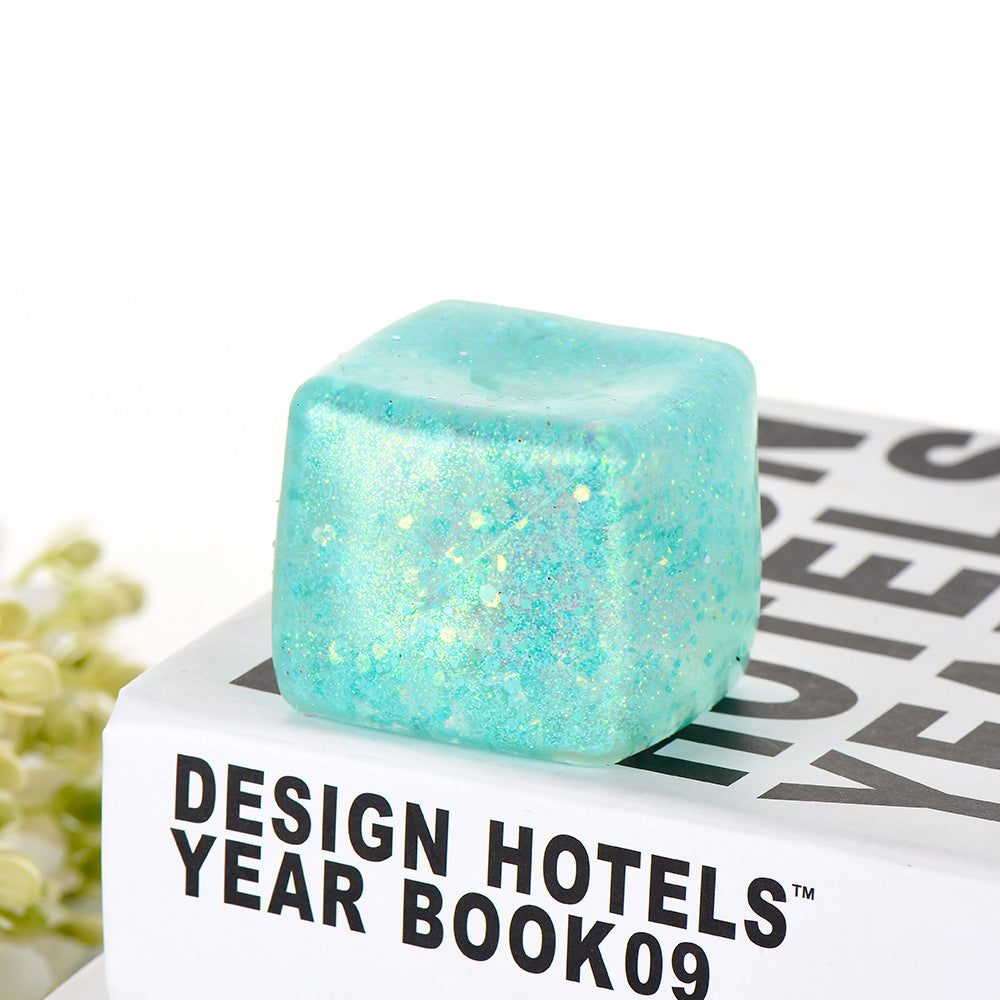 Glacier Dough Cube — pastel glitter dough cube with a slow rebound, detail view