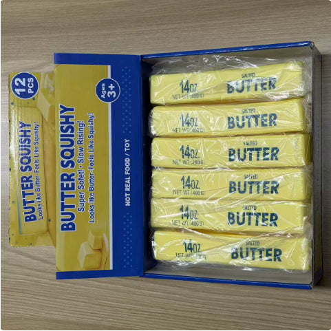 Butter Stick Squishy side view — yellow butter stick shaped squishy toy