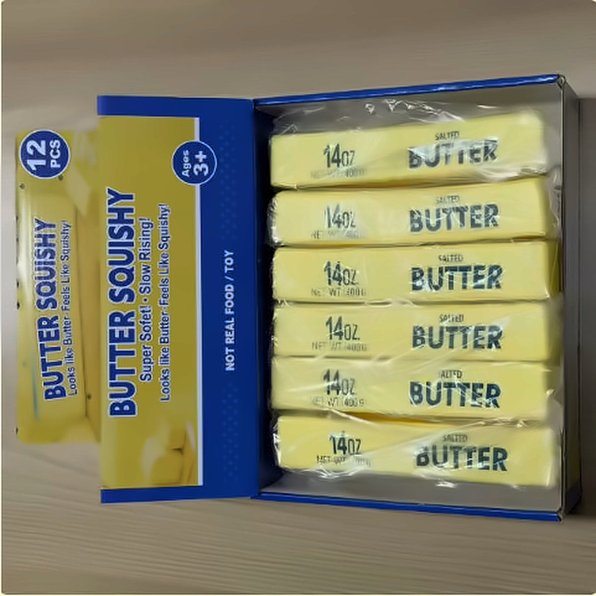 Butter Stick Squishy side view — yellow butter stick shaped squishy toy