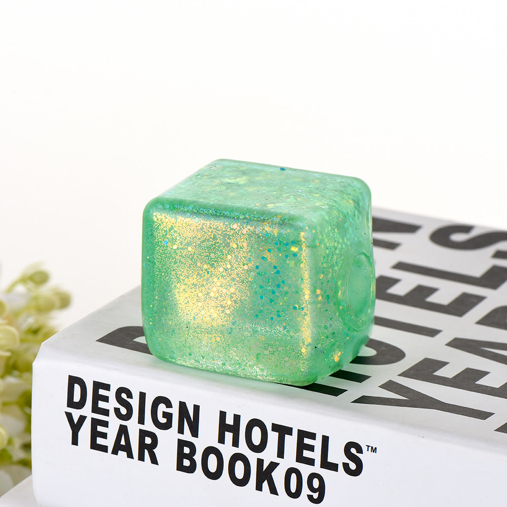 Glacier Dough Cube — pastel glitter dough cube with a slow rebound, another view