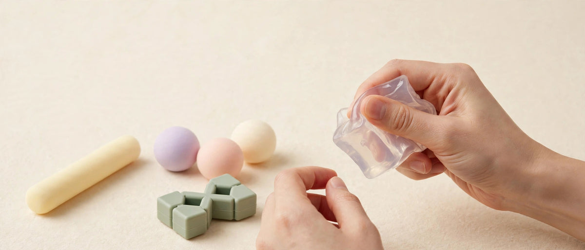 Fidget Groove hero — hands squeezing pastel squishies and desk fidgets on cream