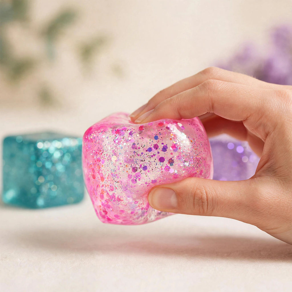 Glacier Dough Cube — translucent pink glitter dough cube being squeezed by hand on a cream background