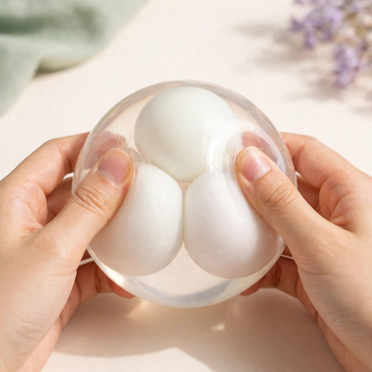 Moldable Crunch Ball — clear moldable squeeze ball with white inner balls being squeezed by two hands