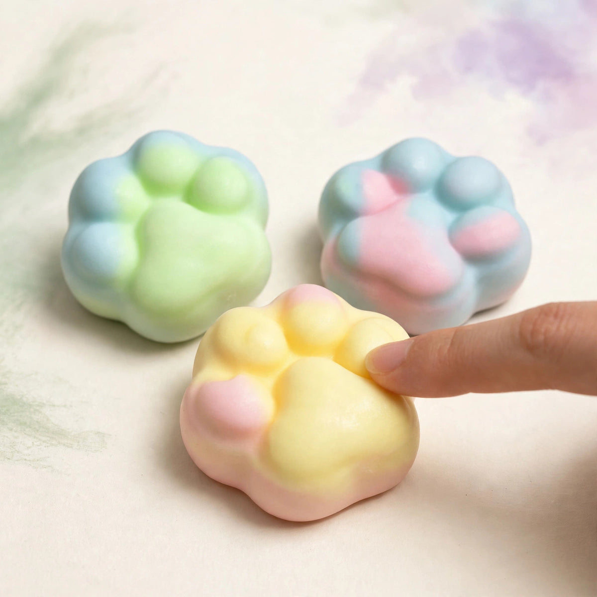 Pastel Paw Crunch — three pastel marbled paw squeeze toys, one being pressed by a fingertip