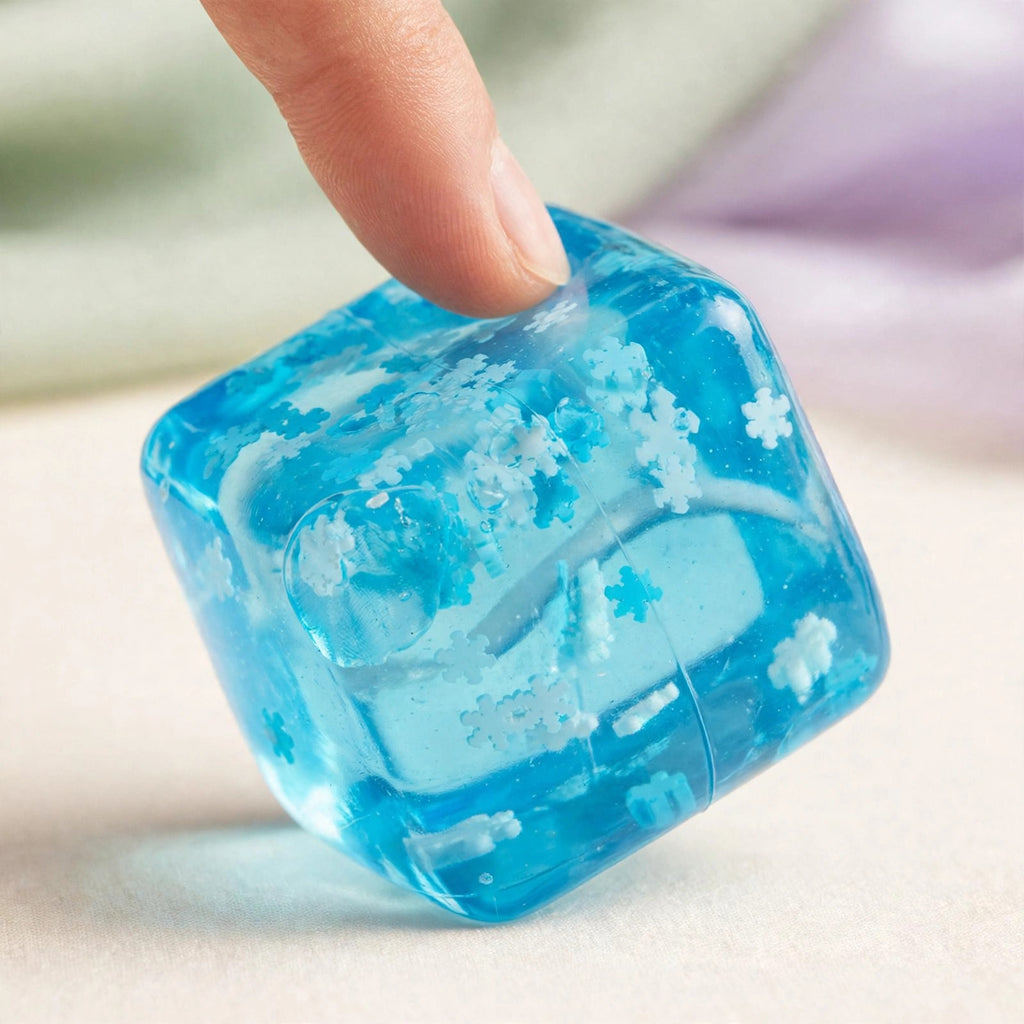 Snowflake Gel Cube — translucent blue gel cube with white snowflake flecks, pressed by a fingertip